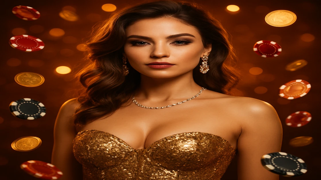 vip dhaka গেমিং প্ল্যাটফর্মে ঝলমলে সোনালি পোশাক পরা এক গ্লামারাস নারী বিলাসবহুল জয়-অভিজ্ঞ্যের প্রতীক হিসেবে আবির্ভূত হন, তাঁর চারপাশে ঝলমলে সোনালি কয়েন ও চিপস বৃষ্টির মতো ছড়িয়ে রয়েছে।